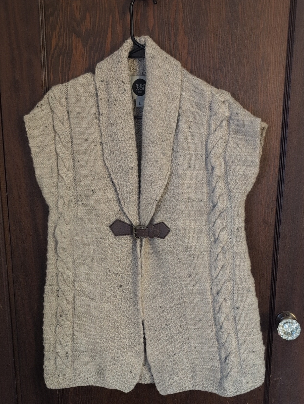 Glen Loch Cozy Taupe Cable Knit Shawl Collar Vest with Toggle Wool Size  L